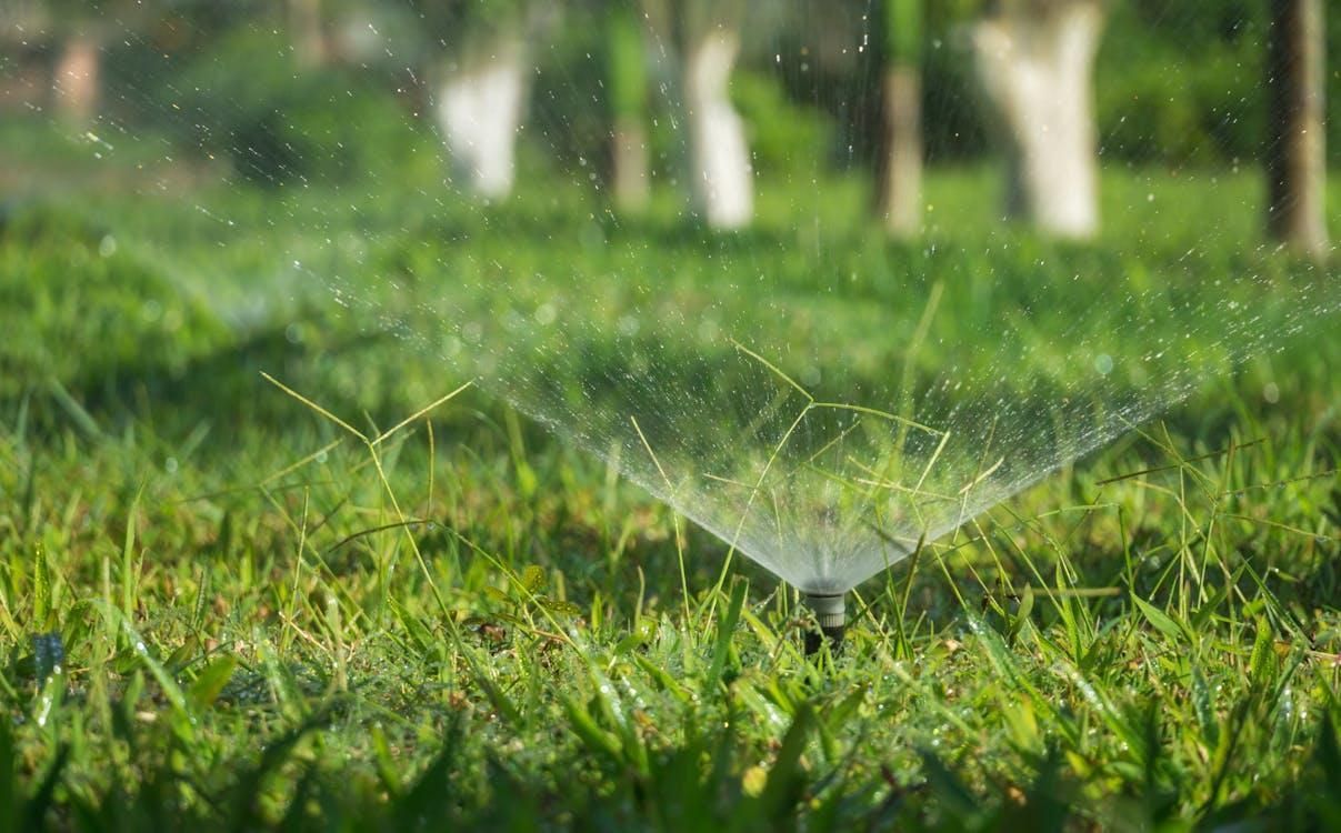 A sprinkler system watering a lawn.